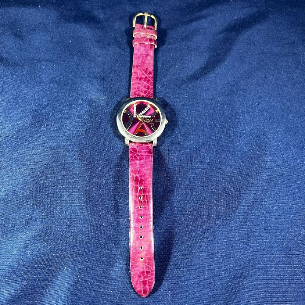 Studio Time Quartz Pink Watch With Croc-Embossed Leather Band & Bold Gold Numera